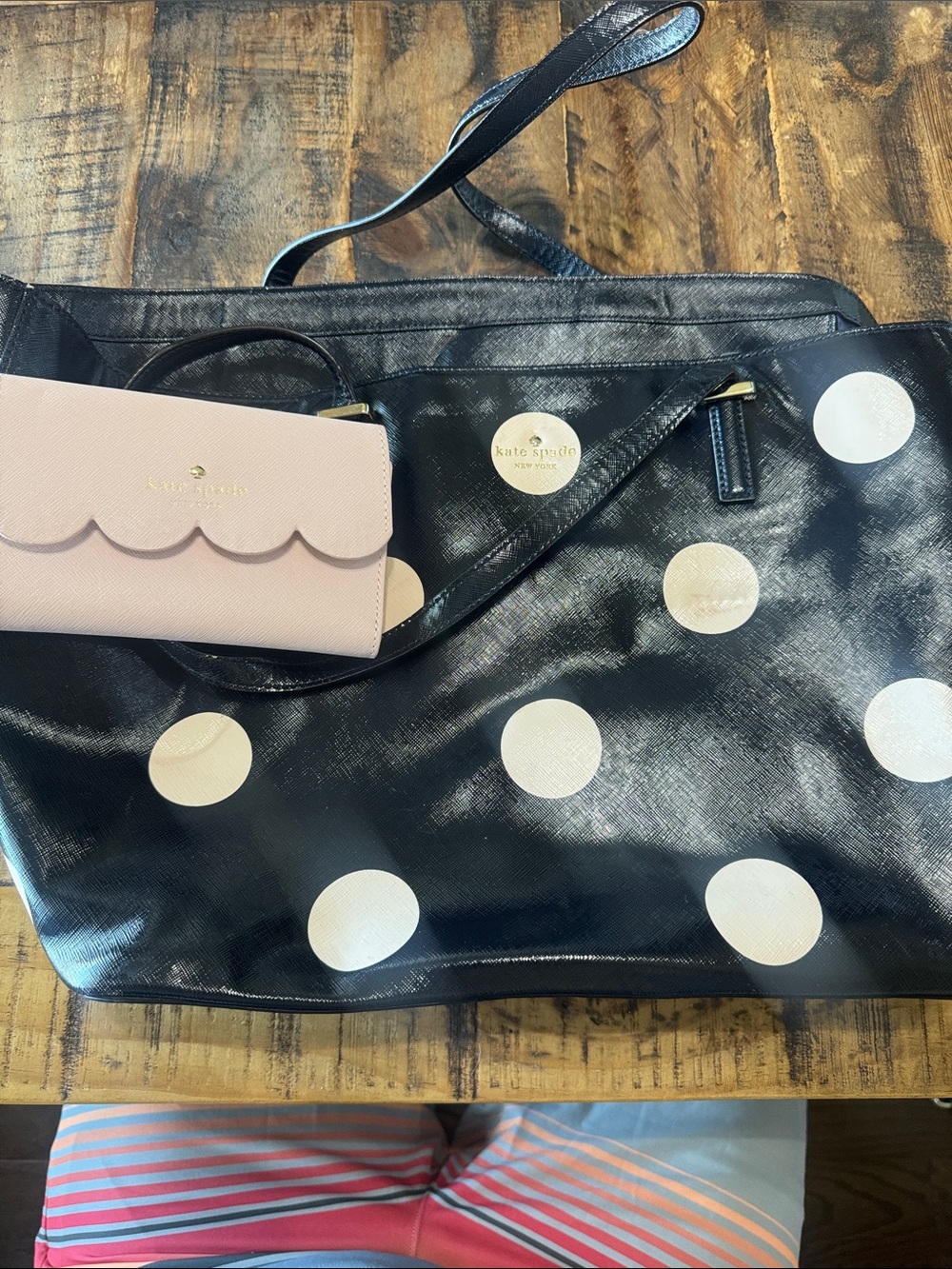 kate spade Navy Tote with Cream Polka Dots and Pink Wallet